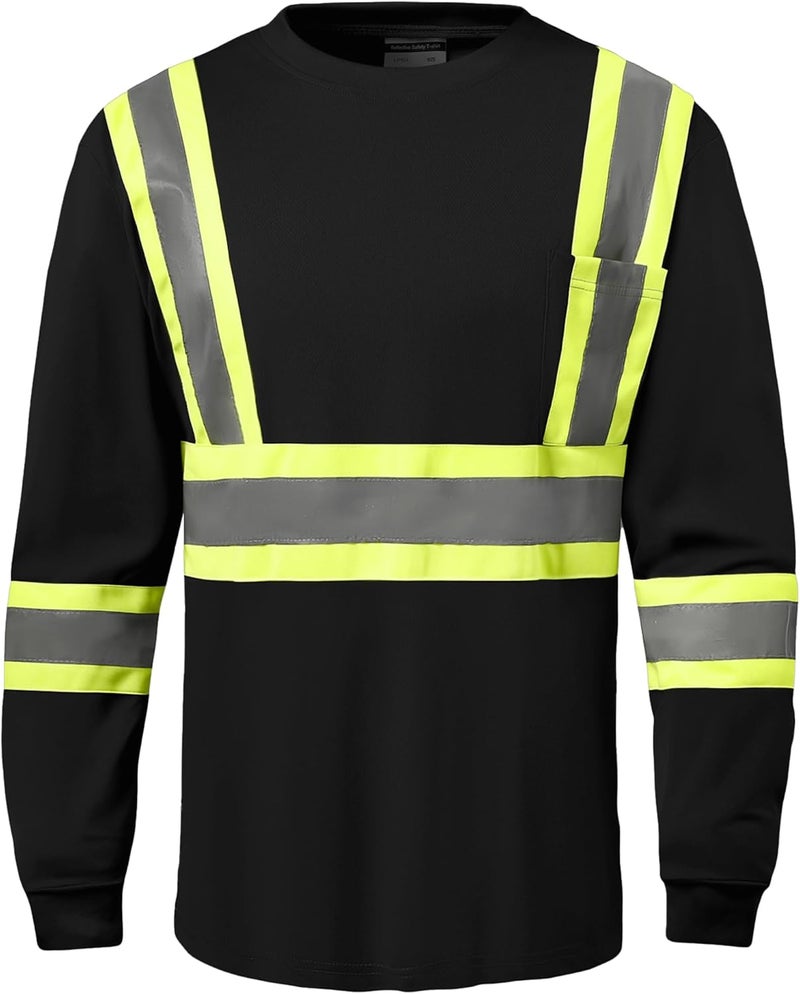 DPSAFETY Hi Vis Safety Long Sleeve Shirts，High Visibility Class 3 T Shirts with Reflective Strips and Pocket, Quick Dry Mesh Construction Work Shirt for Men/Women (Black,6XL) - Image 1